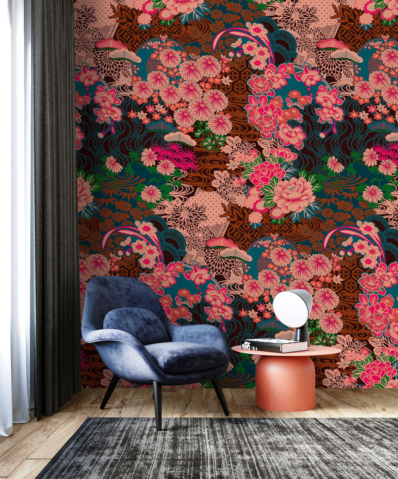             Fototapete »kimo 1« - Abstraktes Blüten-Artwork – Rosa, Blau | Glattes, leicht glänzendes Premiumvlies
        