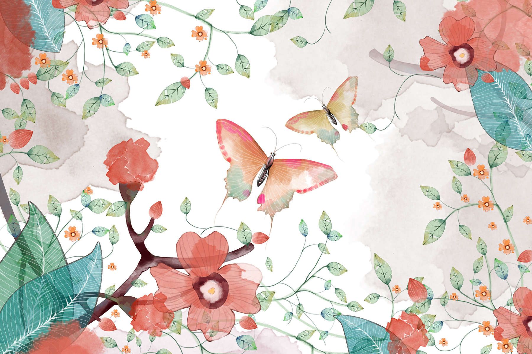             Fototapete floral mit Blättern und Schmetterlingen – Glattes & perlmutt-schimmerndes Vlies
        