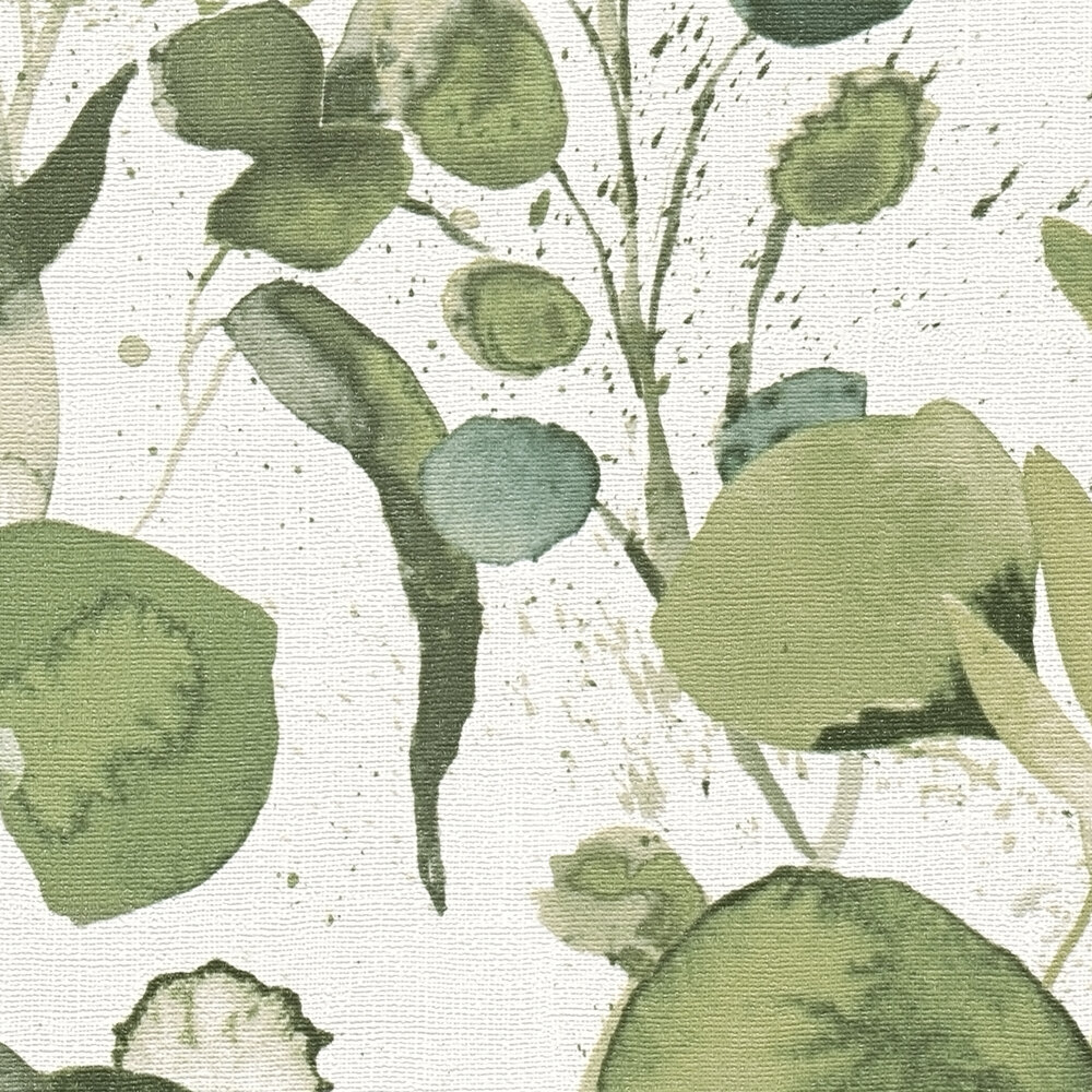             Vliestapete Blättermotiv mit Farbklecks Akzenten – Grün, Blau, Weiß
        
