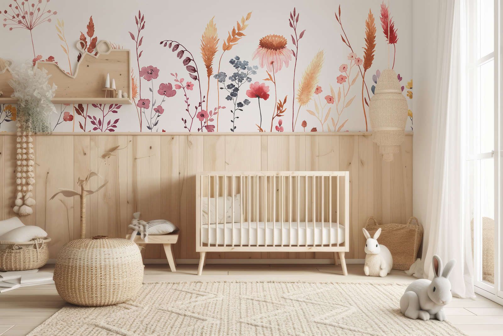             Fototapete fürs Kinderzimmer mit Blättern und Gräsern – Glattes & perlmutt-schimmerndes Vlies
        