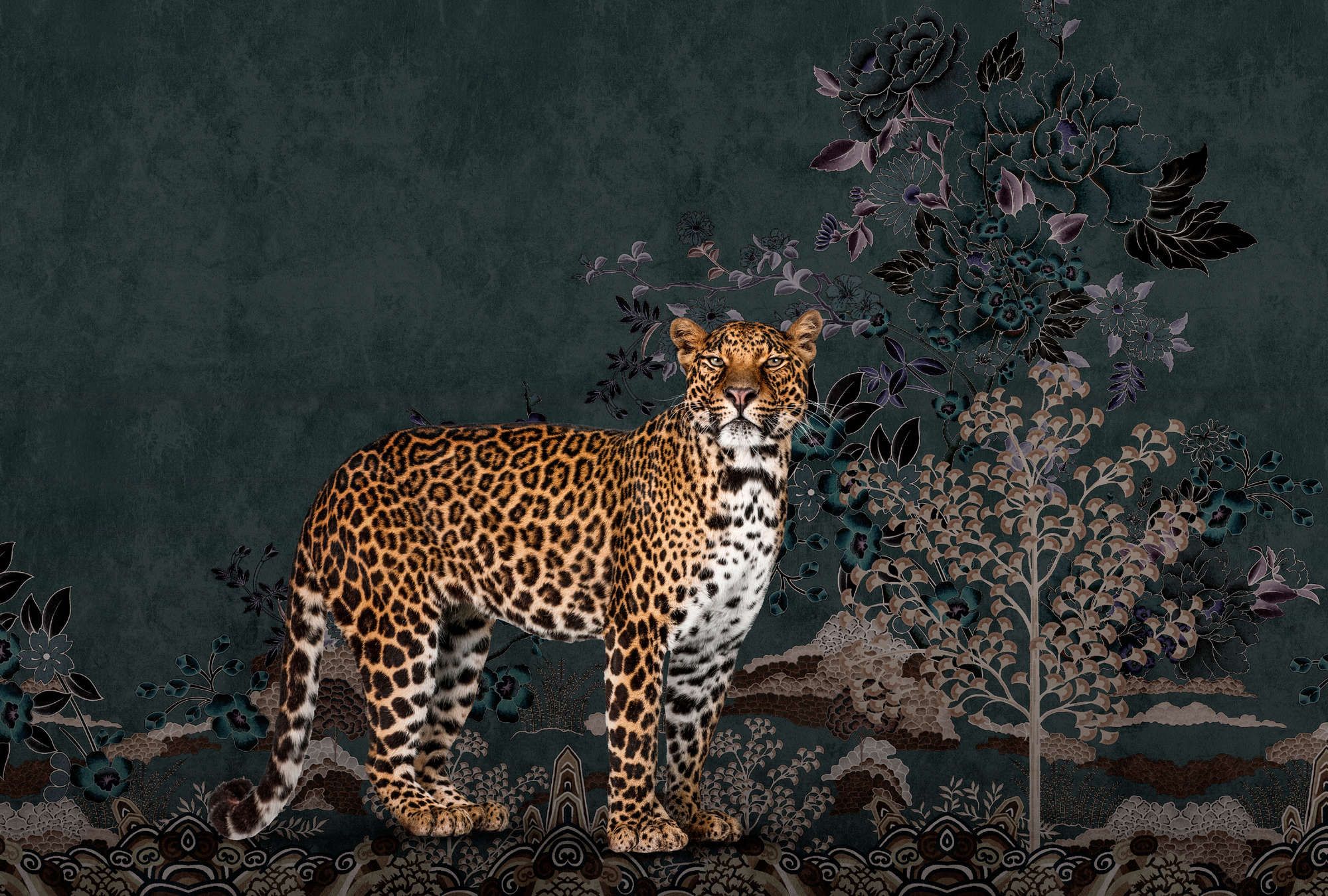            Fototapete »rani« - Abstraktes Jungle-Motiv mit Leopard – Glattes, leicht glänzendes Premiumvlies
        