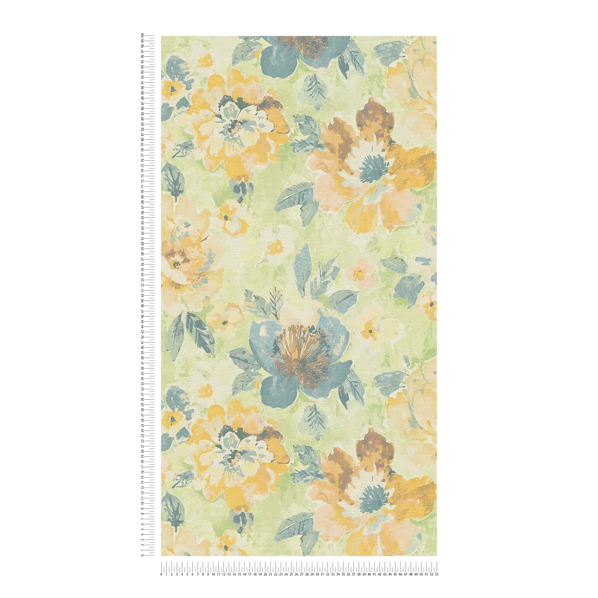             Blumen-Vliestapete im Aquarell- und Vintagedesign – Bunt, Grün, Gelb
        