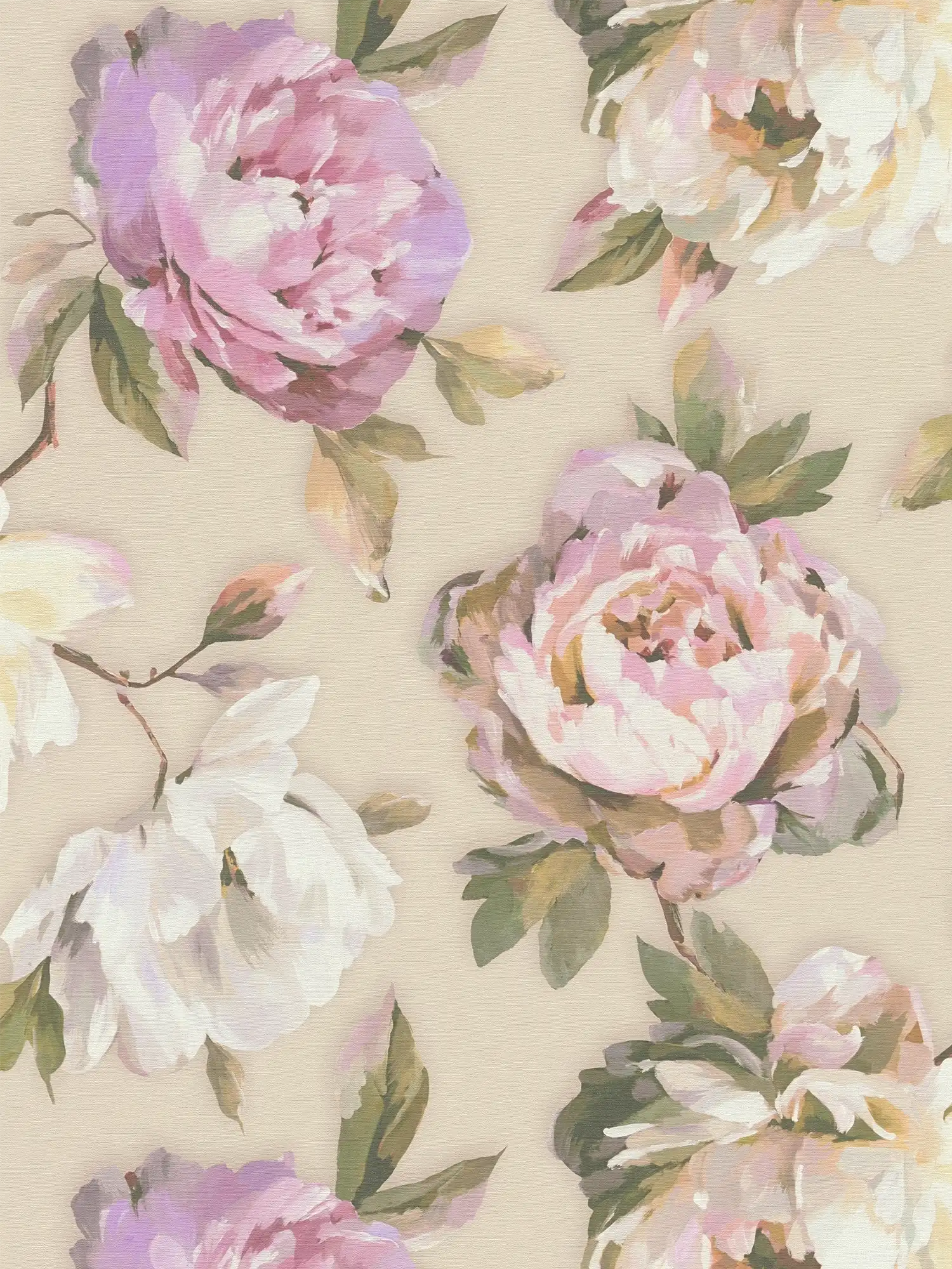 Vliestapete mit malerischen Rosenblüten im Aquarellook – Violett, Pink, Grün
