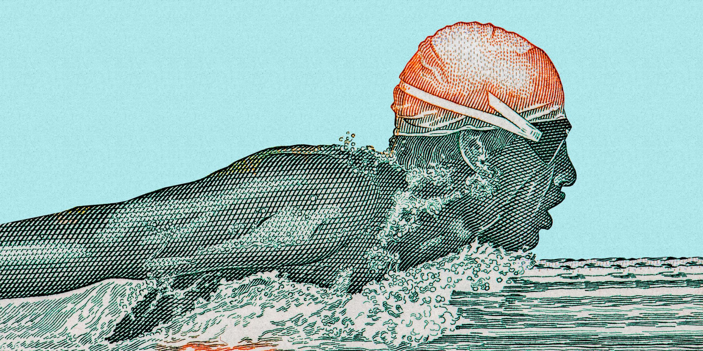             Fototapete »aquaman« - Schwimmer im Pixel Design – petrol mit Kraftpapier-Struktur | Glattes, leicht perlmutt-schimmerndes Vlies
        