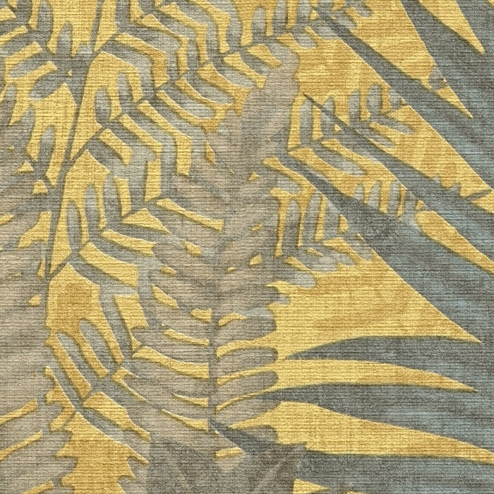             Tapete im floralen Stil mit Farnblättern leicht strukturiert, matt – Gelb, Blau, Braun
        