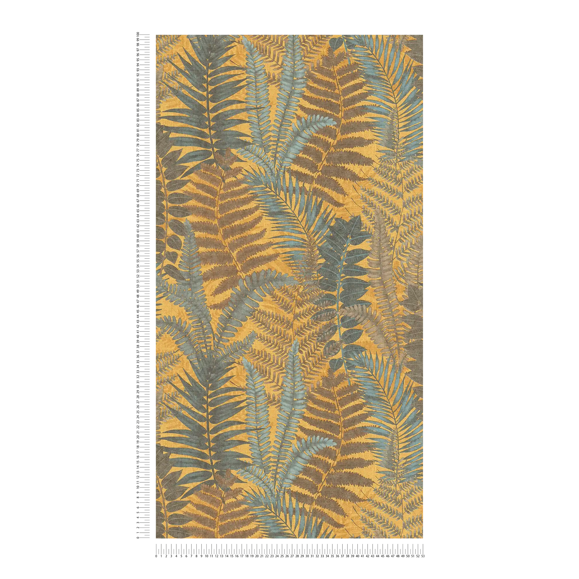             Tapete im floralen Stil mit Farnblättern leicht strukturiert, matt – Gelb, Blau, Braun
        