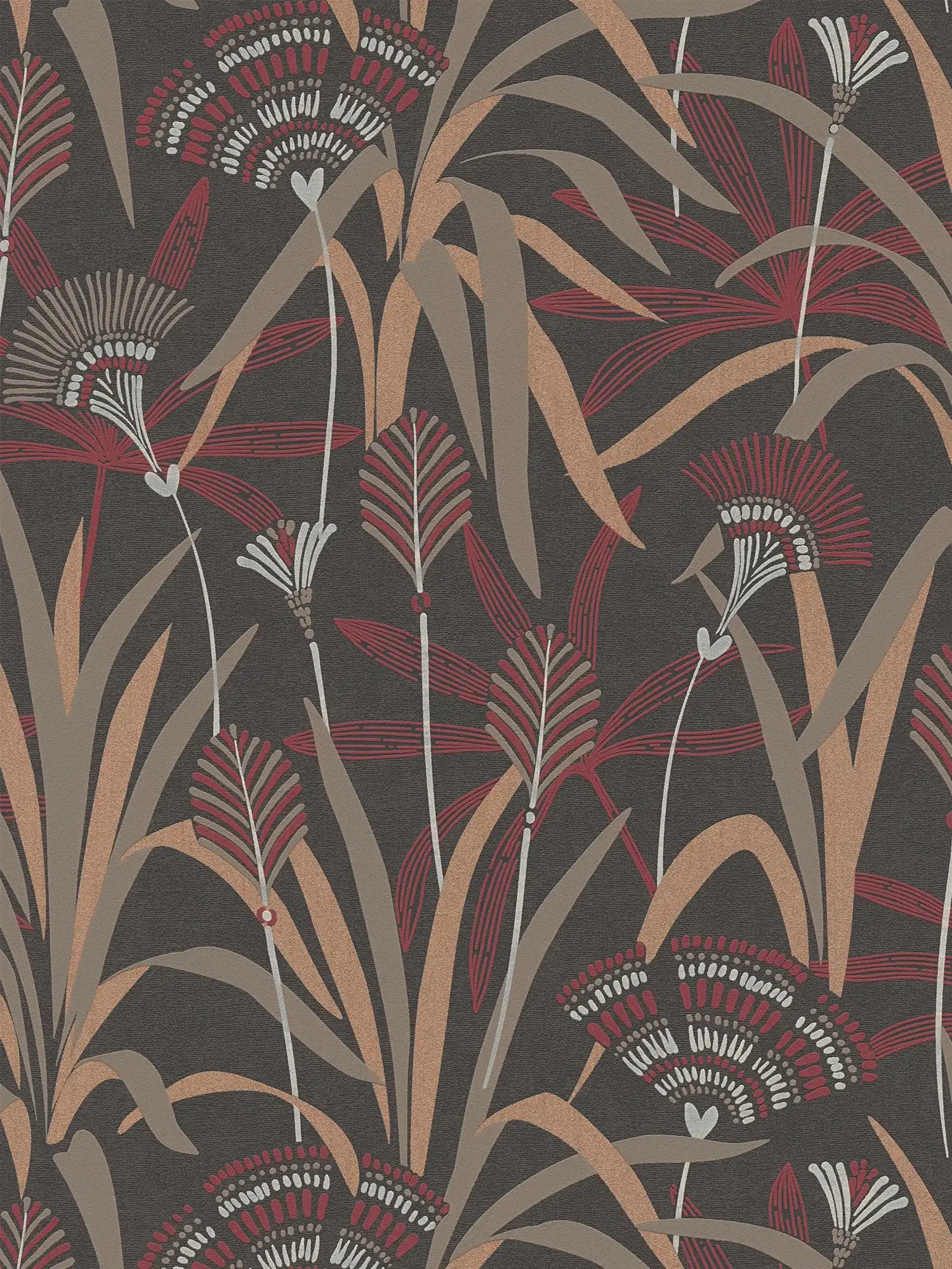             Blumen-Vliestapete im grafischen Design – Metallic, Schwarz, Rot
        