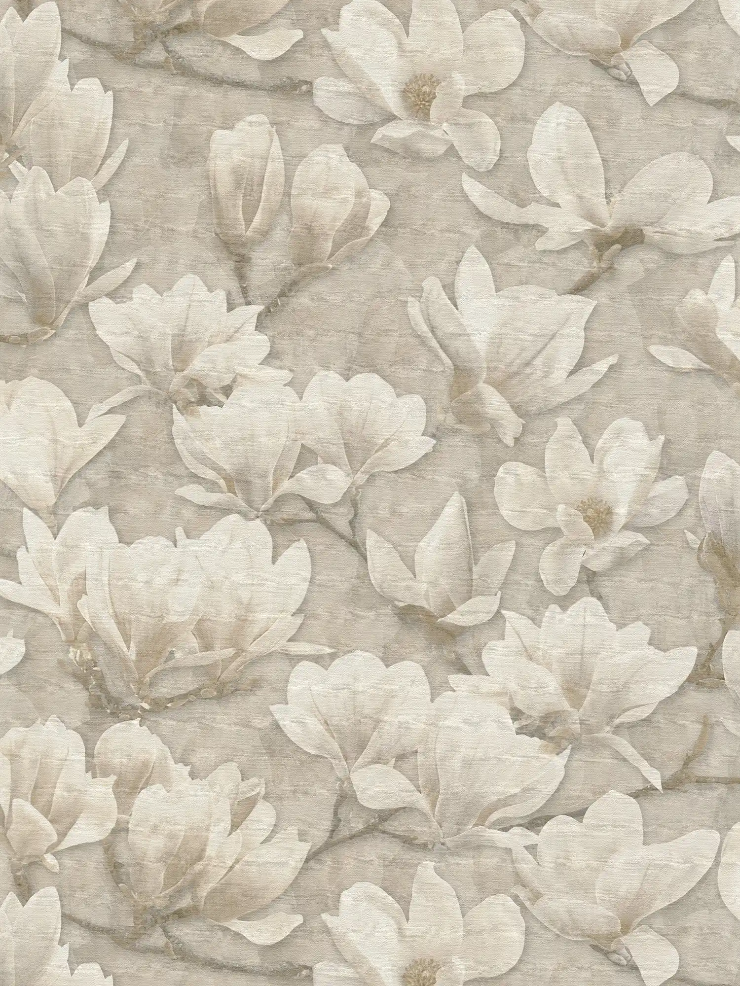 Vliestapete mit all over Magnolien Blumenmotiv Print – Beige, Creme, Weiß
