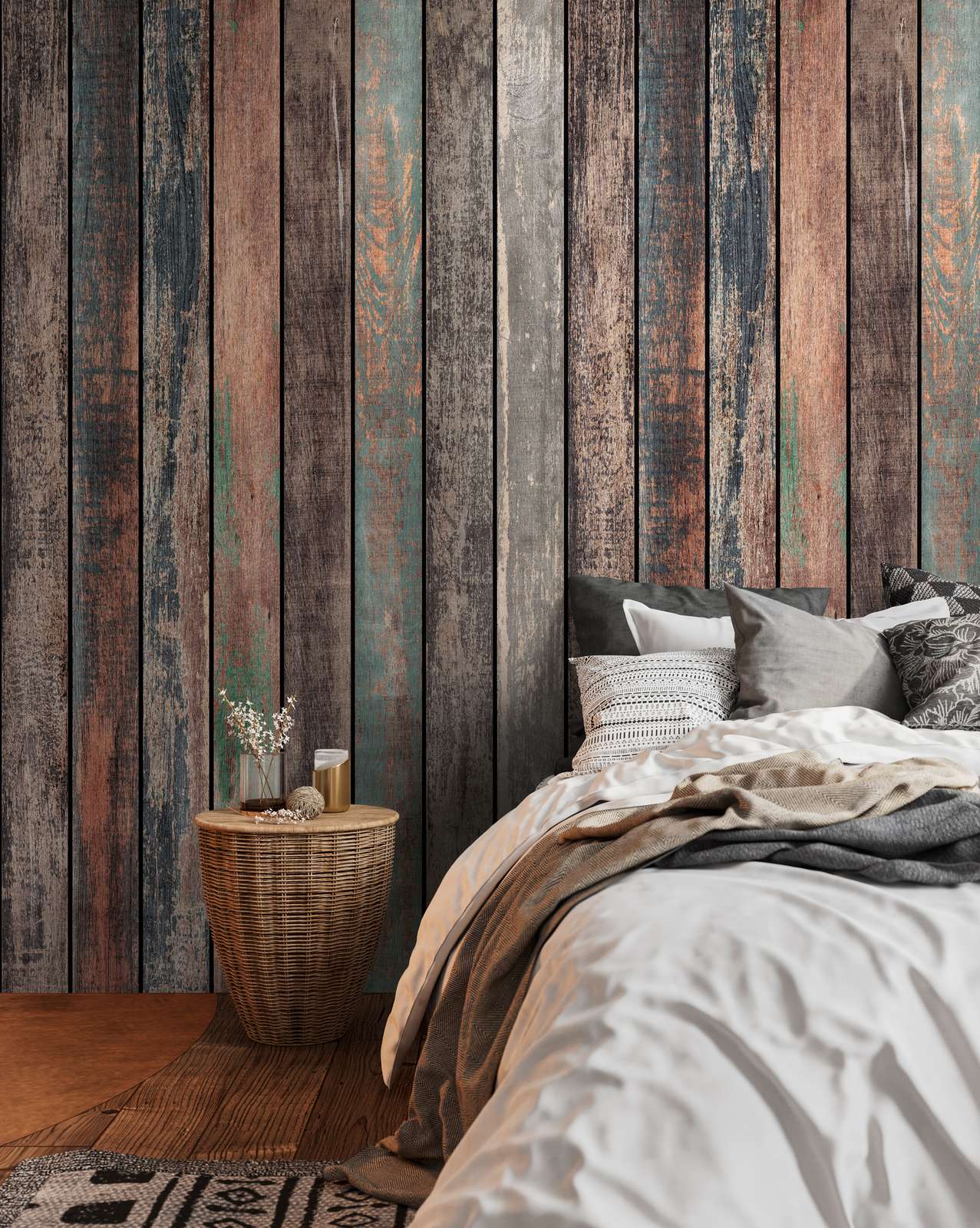             Holzplanken Vliestapete im Vintage Look und einer großflächigen Musterwiederholung – Bunt, Braun, Blau
        