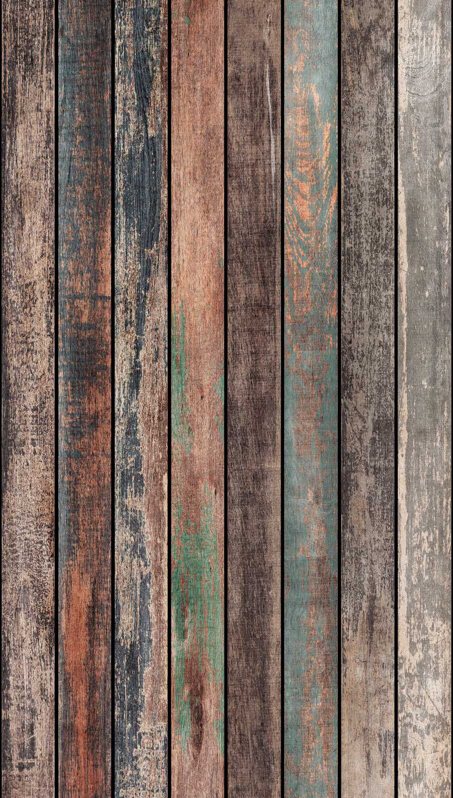             Holzplanken Vliestapete im Vintage Look und einer großflächigen Musterwiederholung – Bunt, Braun, Blau
        