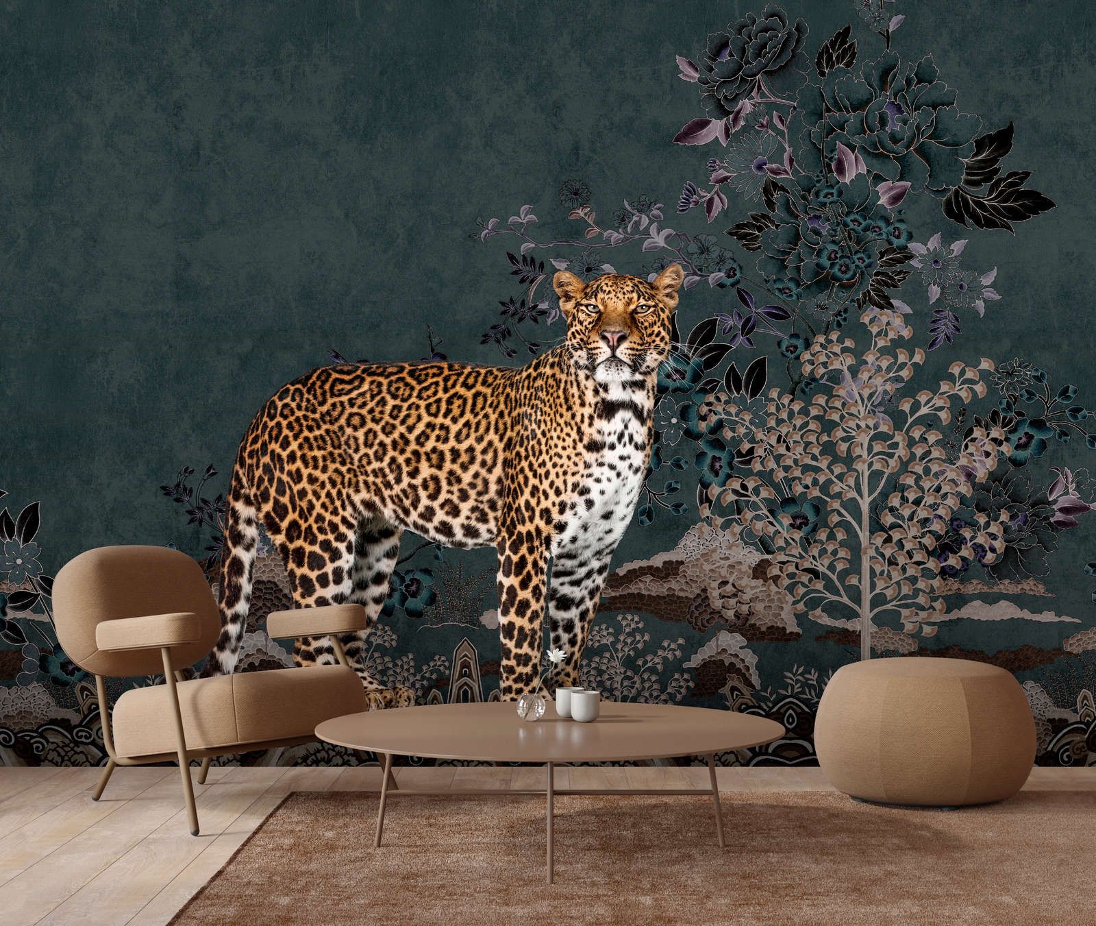             Fototapete »rani« - Abstraktes Jungle-Motiv mit Leopard – Glattes, leicht glänzendes Premiumvlies
        