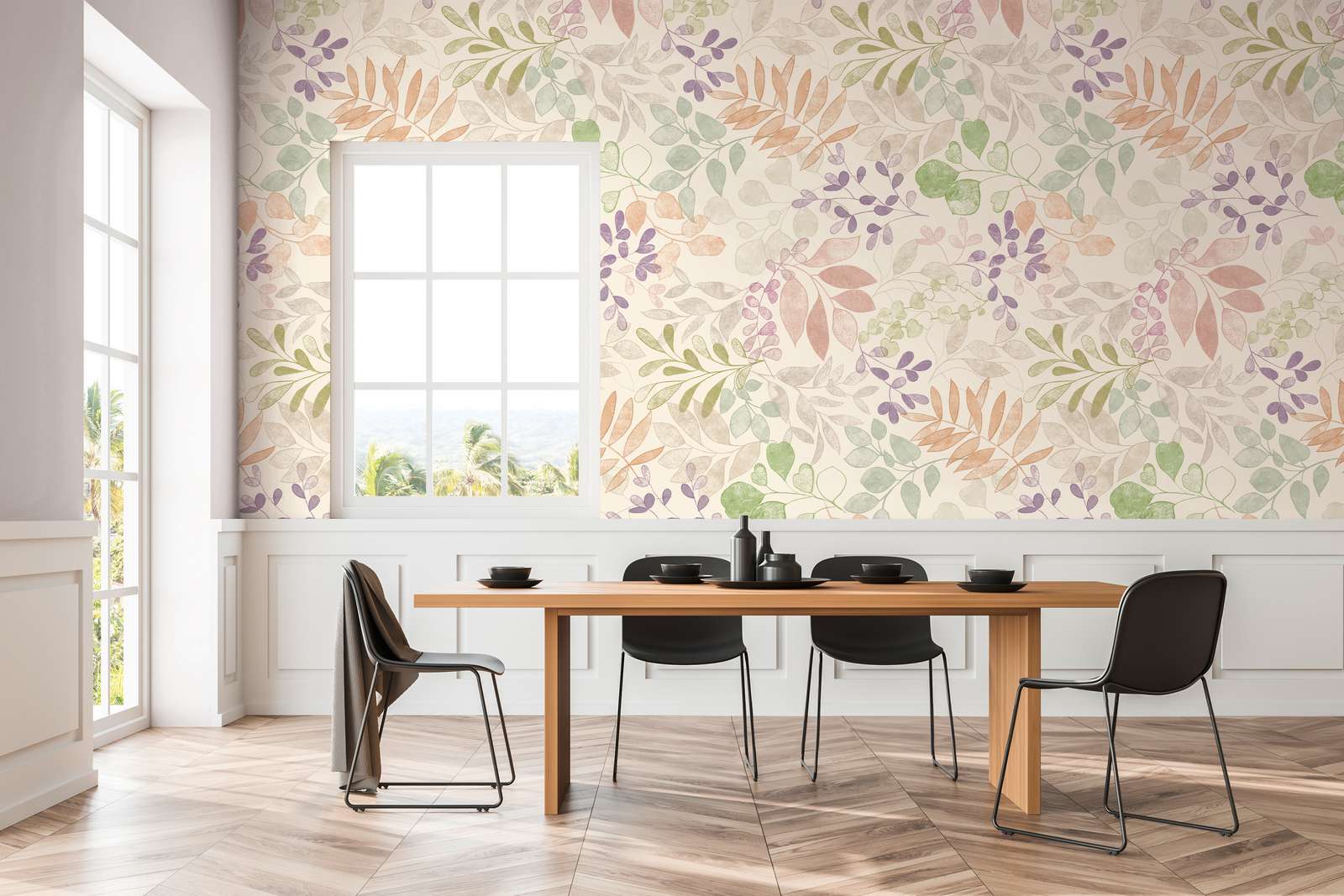             Motivtapete im XXL-Design mit Blumenmuster im Aquarelllook – Creme, Grün, Violett
        