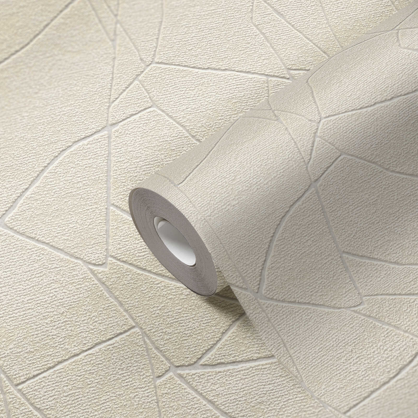             Vliestapete mit grafischem 3D Naturmotiv – Beige, Creme, Weiß
        