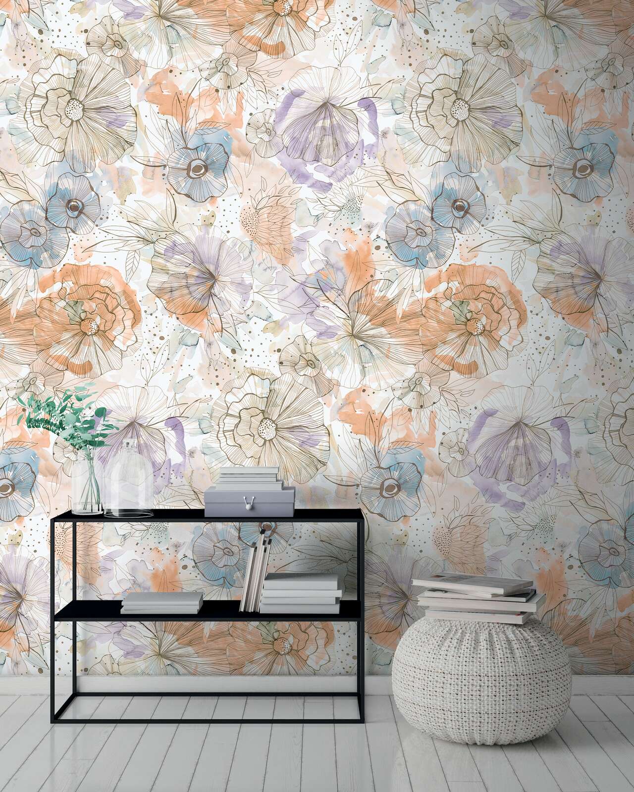             Motivtapete im XXL-Design mit Blumen und Blüten in Aquarelloptik – Beige, Orange, Blau
        