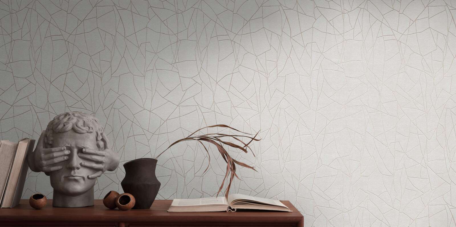             Vliestapete mit grafischem 3D Naturmotiv – Grau, Weiß
        