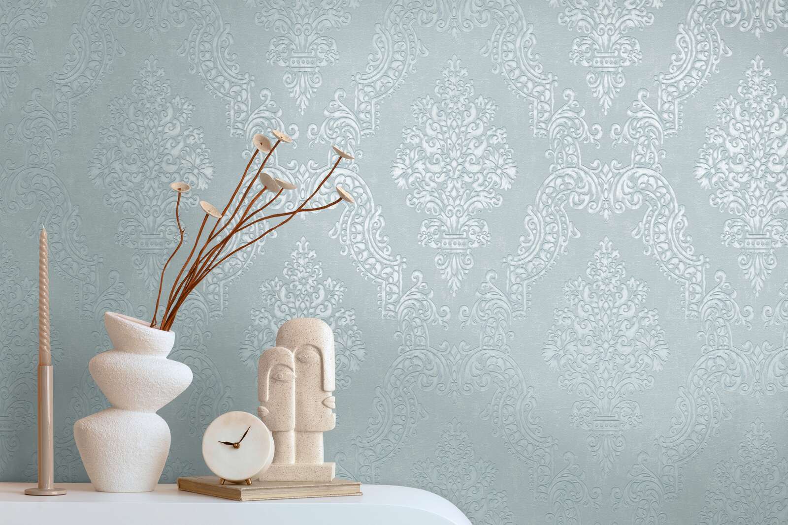             Vintage Vliestapete im Barockdesign mit Glitzereffekt – Grau, Silber
        