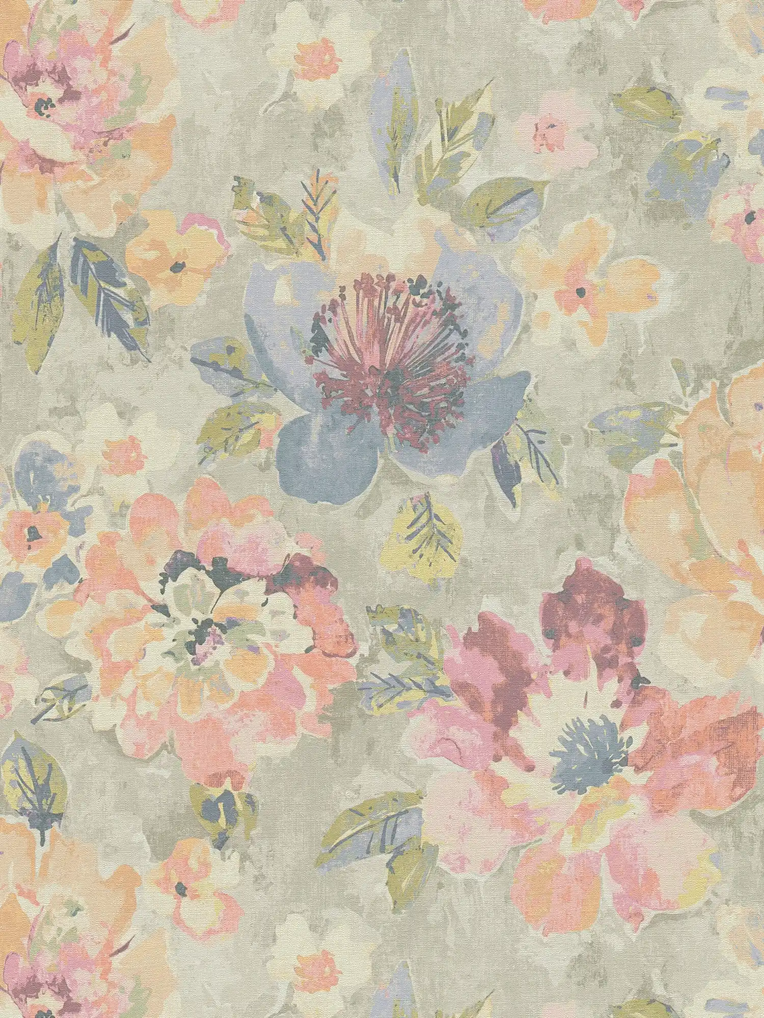 Blumen-Vliestapete im Aquarell- und Vintagelook – Bunt, Grau, Pink
