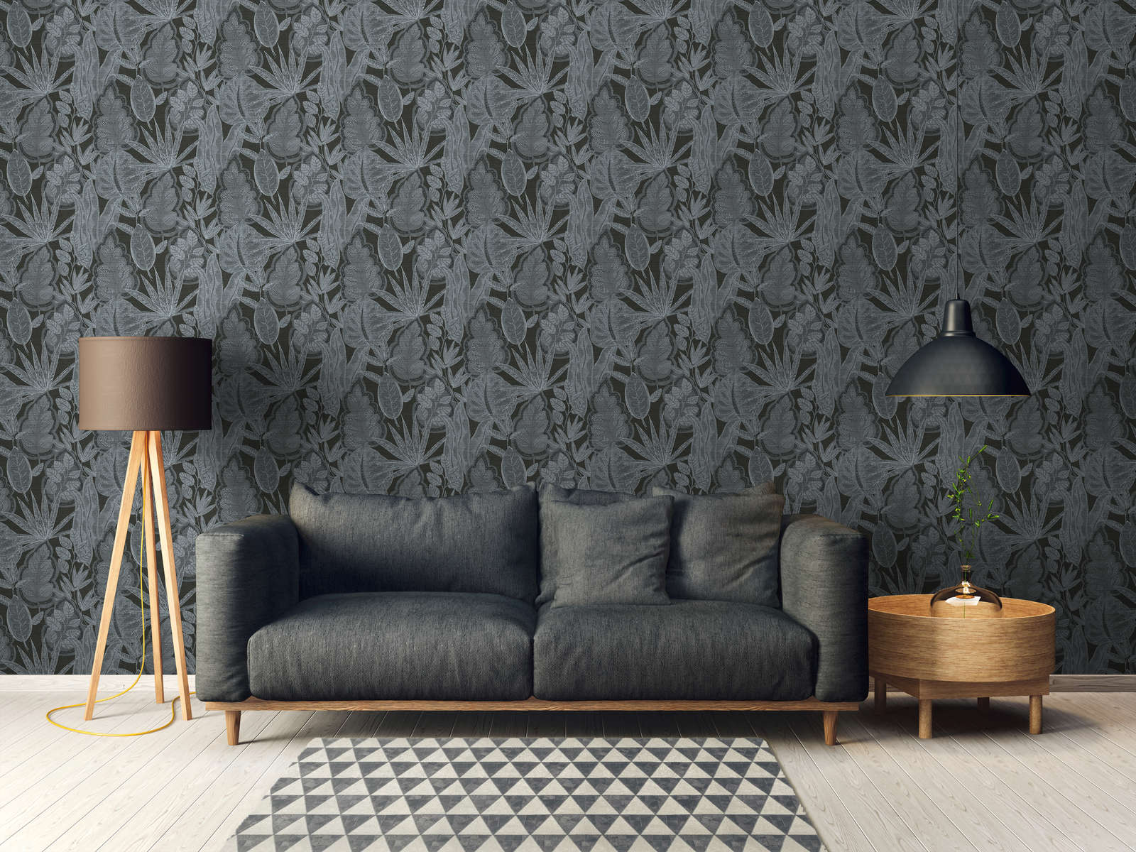             Florale Tapete im grafischen Design mit leichter Struktur, matt – Schwarz, Grau, Weiß
        