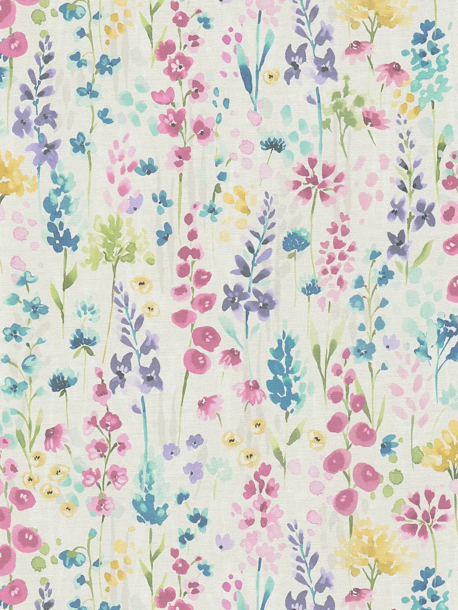 Bunte Blütenwiese-Tapete im Aquarelldesign – Bunt, Weiß, Pink

