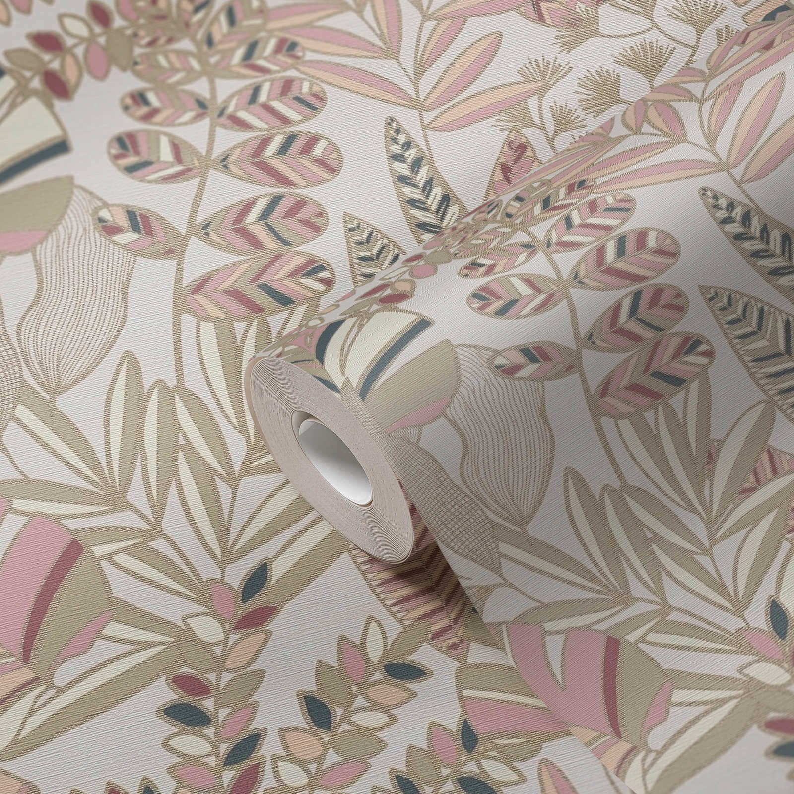             Vliestapete mit großen Blättern in leichtem Glanz – Rosa, Weiß, Gold
        