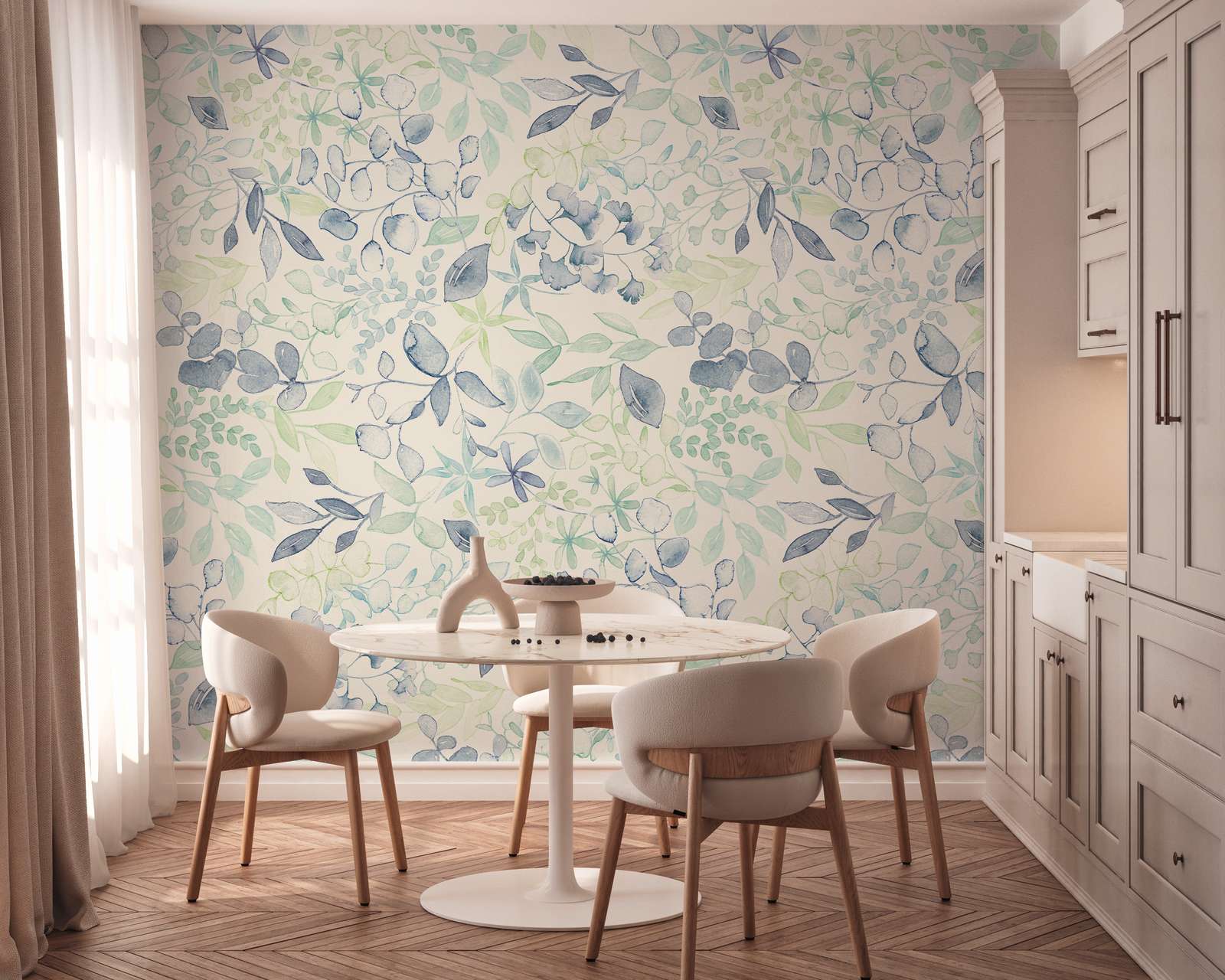             Motivtapete im XXL-Design mit Blumenmuster im Aquarellstil – Blau, Grün, Weiß
        