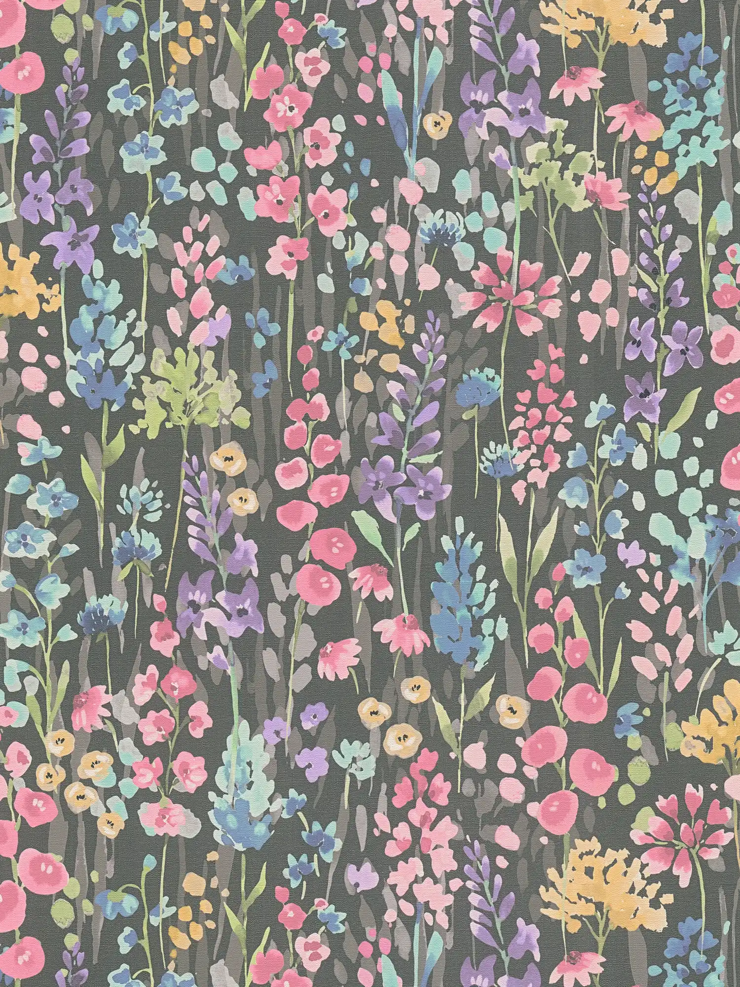         Vliestapete bunte Blumenwiese im Aquarelllook – Bunt, Schwarz, Pink
    