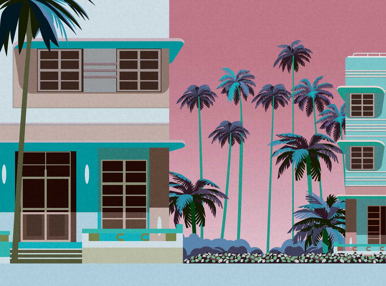             Retro Fototapete "Miami" mit farbenfrohen Gebäuden und Palmen vor Sonnenuntergang als Vliestapete – Blau, Pink, Braun
        