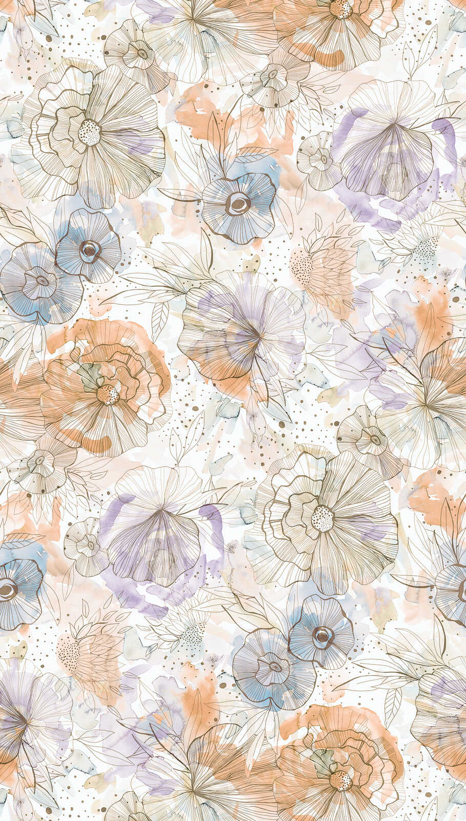             Motivtapete im XXL-Design mit Blumen und Blüten in Aquarelloptik – Beige, Orange, Blau
        