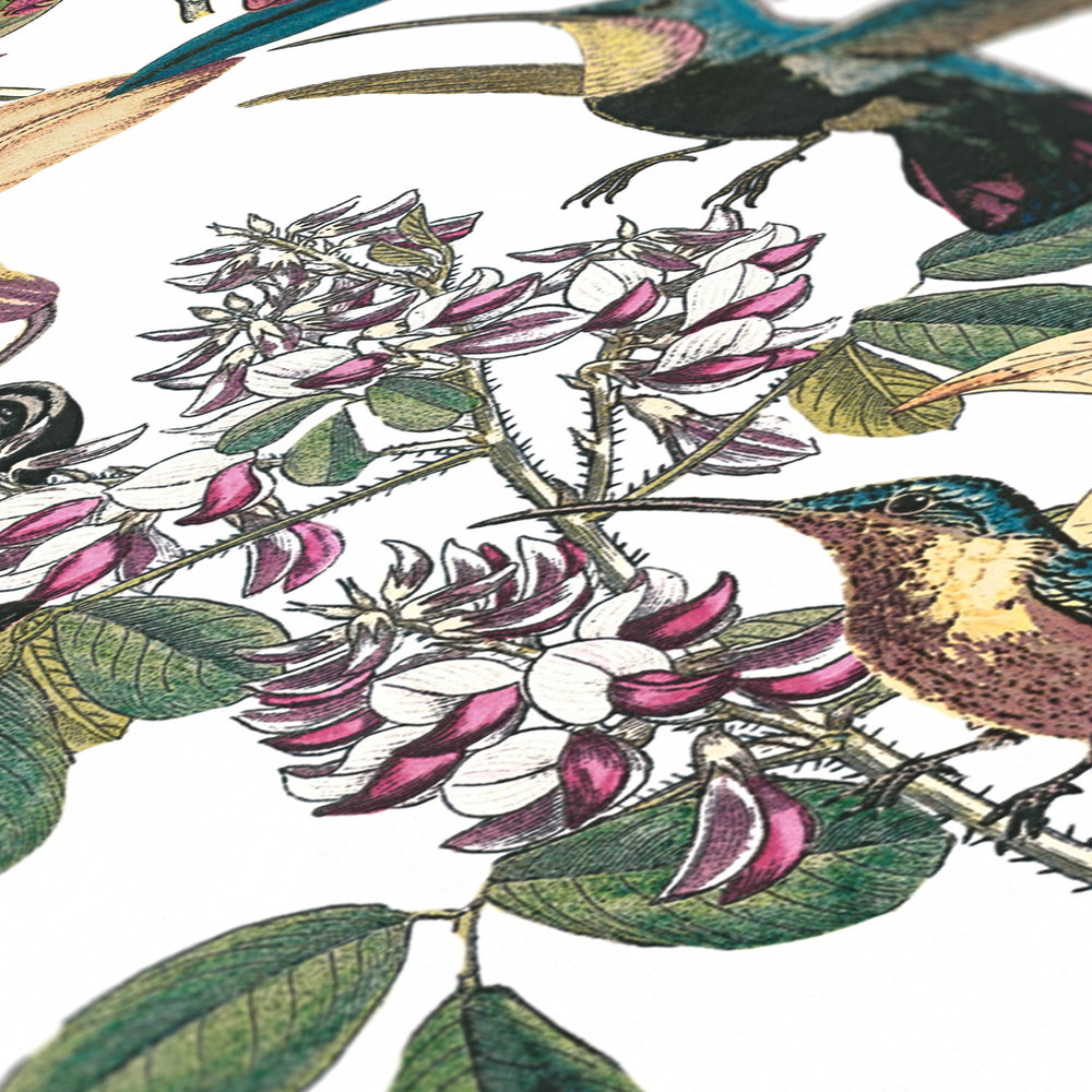             Bunte Blumentapete mit Kolibri Design – Bunt, Grün, Gelb
        