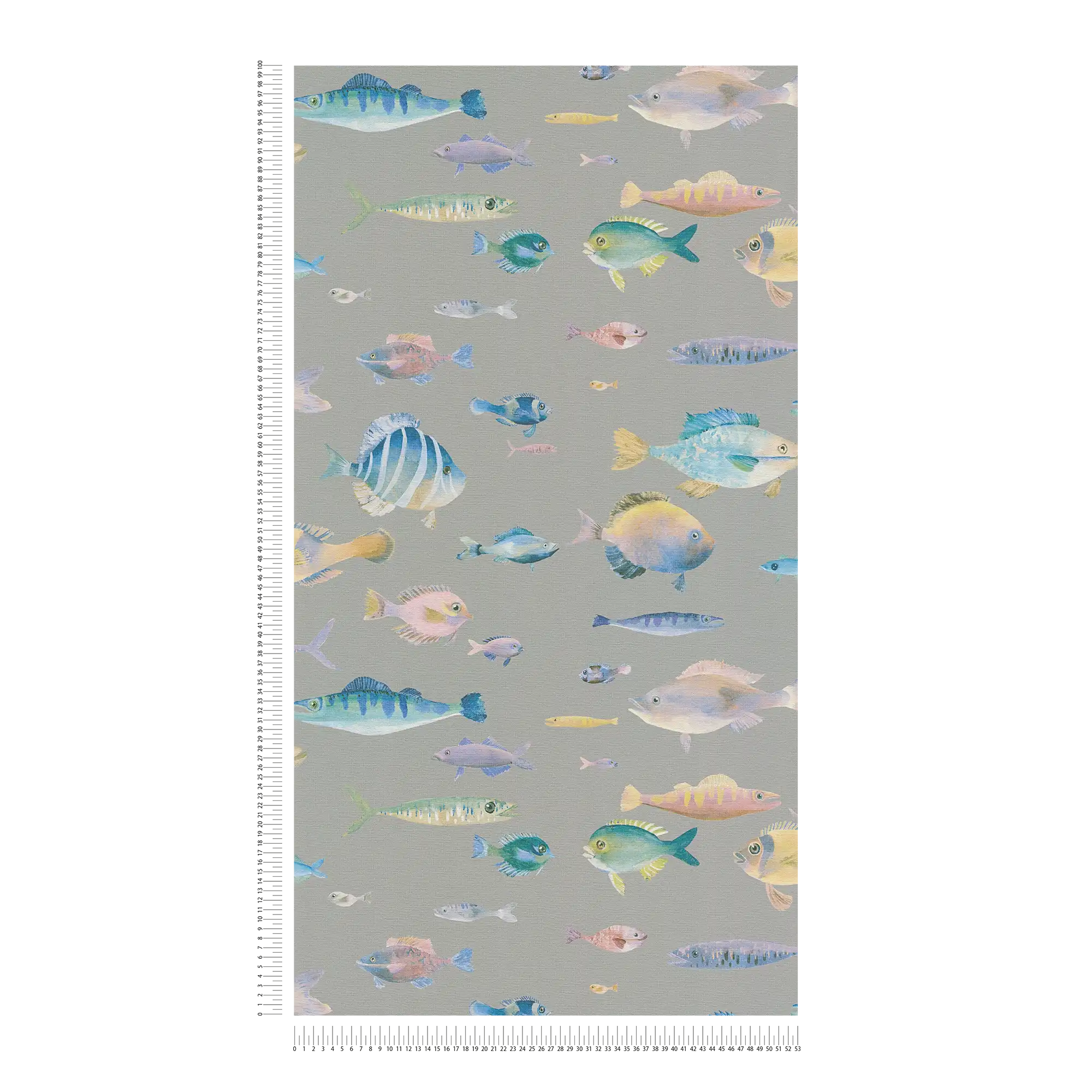             Maritime Vliestapete mit Fisch-Motiven – Grau, Bunt, Blau
        