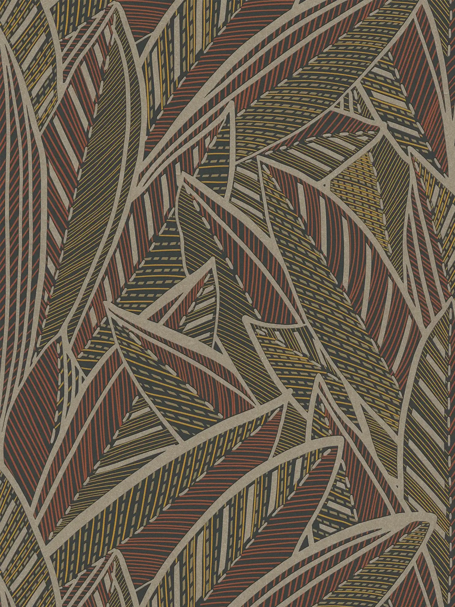 Palmenblätter Vliestapete mit Dschungelfeeling und Glanzakzenten – Braun, Gelb, Rot
