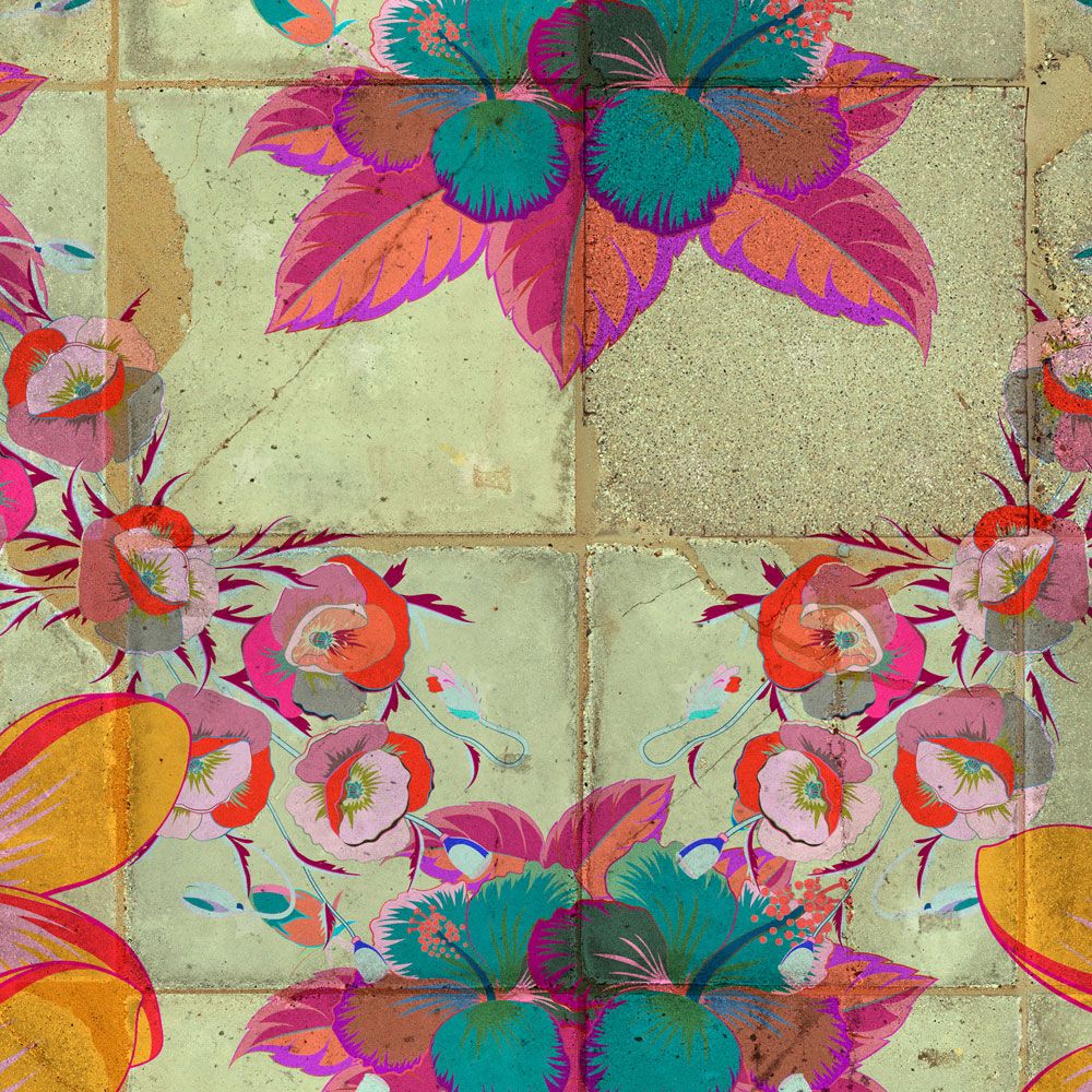             Fototapete »jolie« - Blütendesign mit Kaleidoskopeffekt auf Betonfliesenstruktur – Glattes, leicht glänzendes Premiumvlies
        
