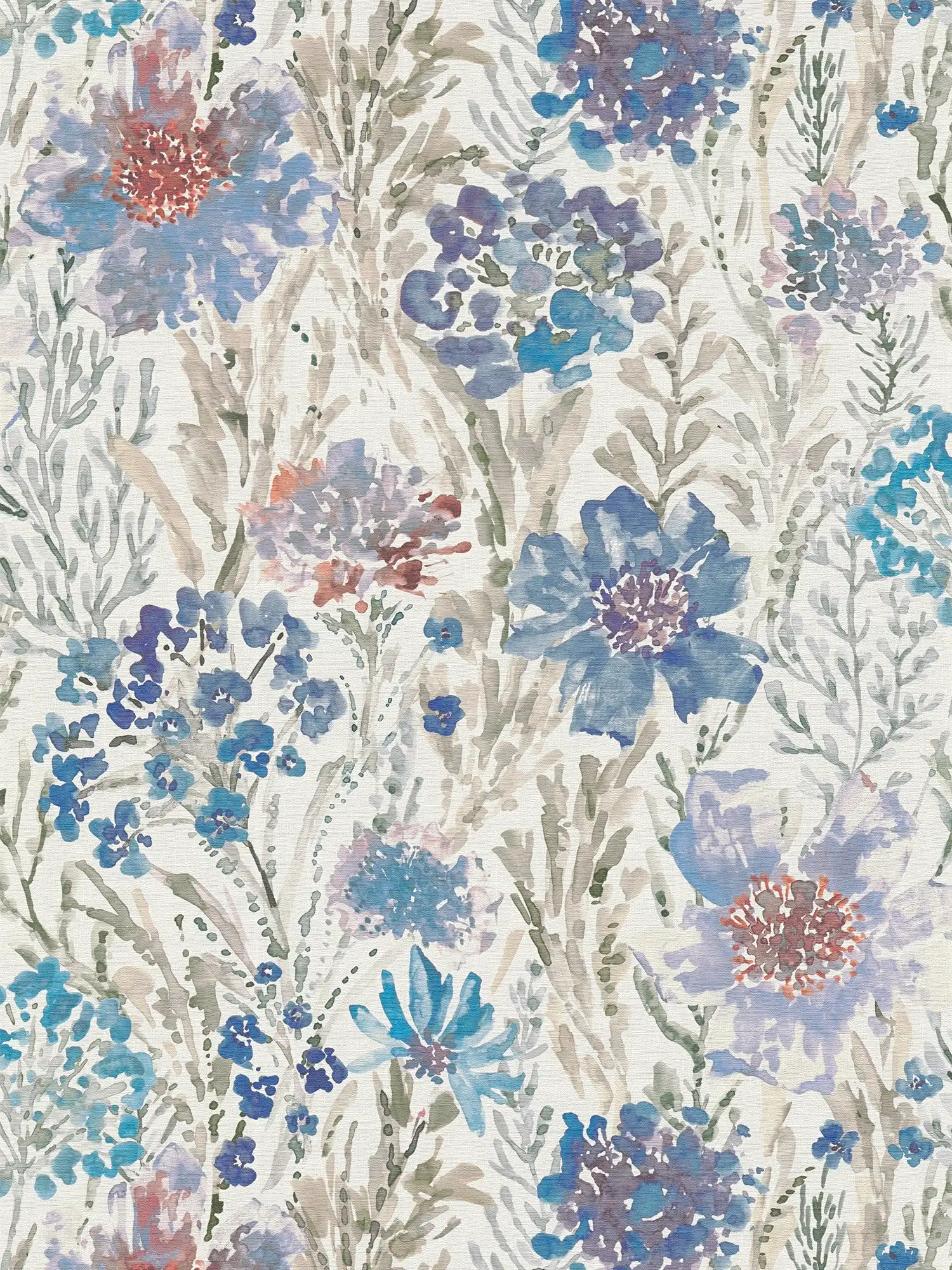Blumen- und Blütenwiese Vliestapete im Aquarellstil – Blau, Weiß, Grau
