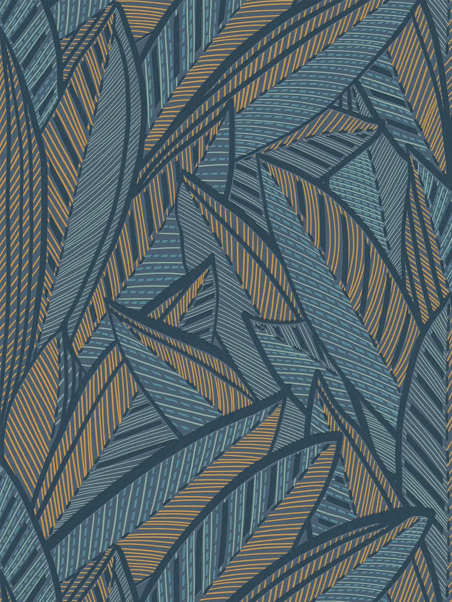 Palmenblätter Vliestapete mit Dschungelfeeling und Glanzakzenten – Blau, Grün, Gelb

