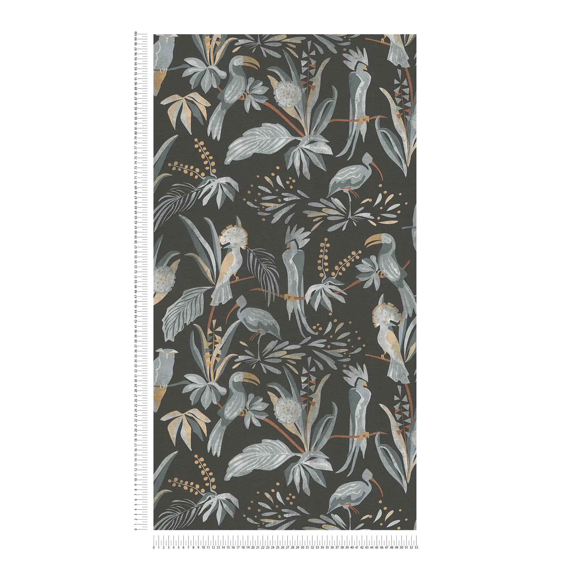             Tapete mit Dschungelpflanzen und Vögeln – Schwarz, Grau, Beige
        
