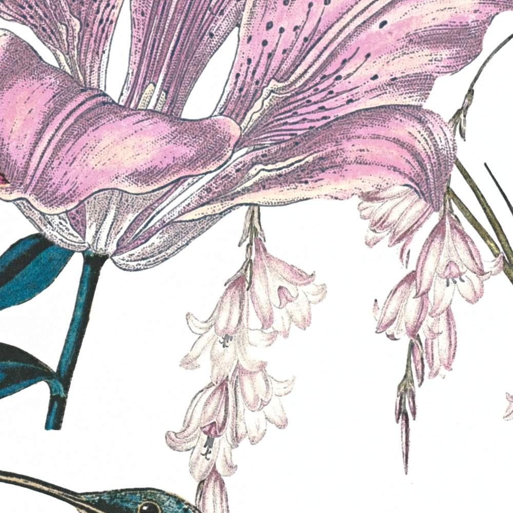             Bunte Blumentapete mit Kolibri Design – Bunt, Grün, Gelb
        