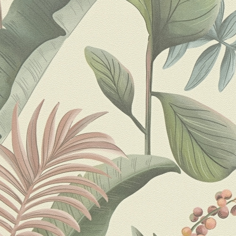             Florale Tapete mit Blättern im Dschungel Stil strukturiert matt – Creme, Grün, Beige
        