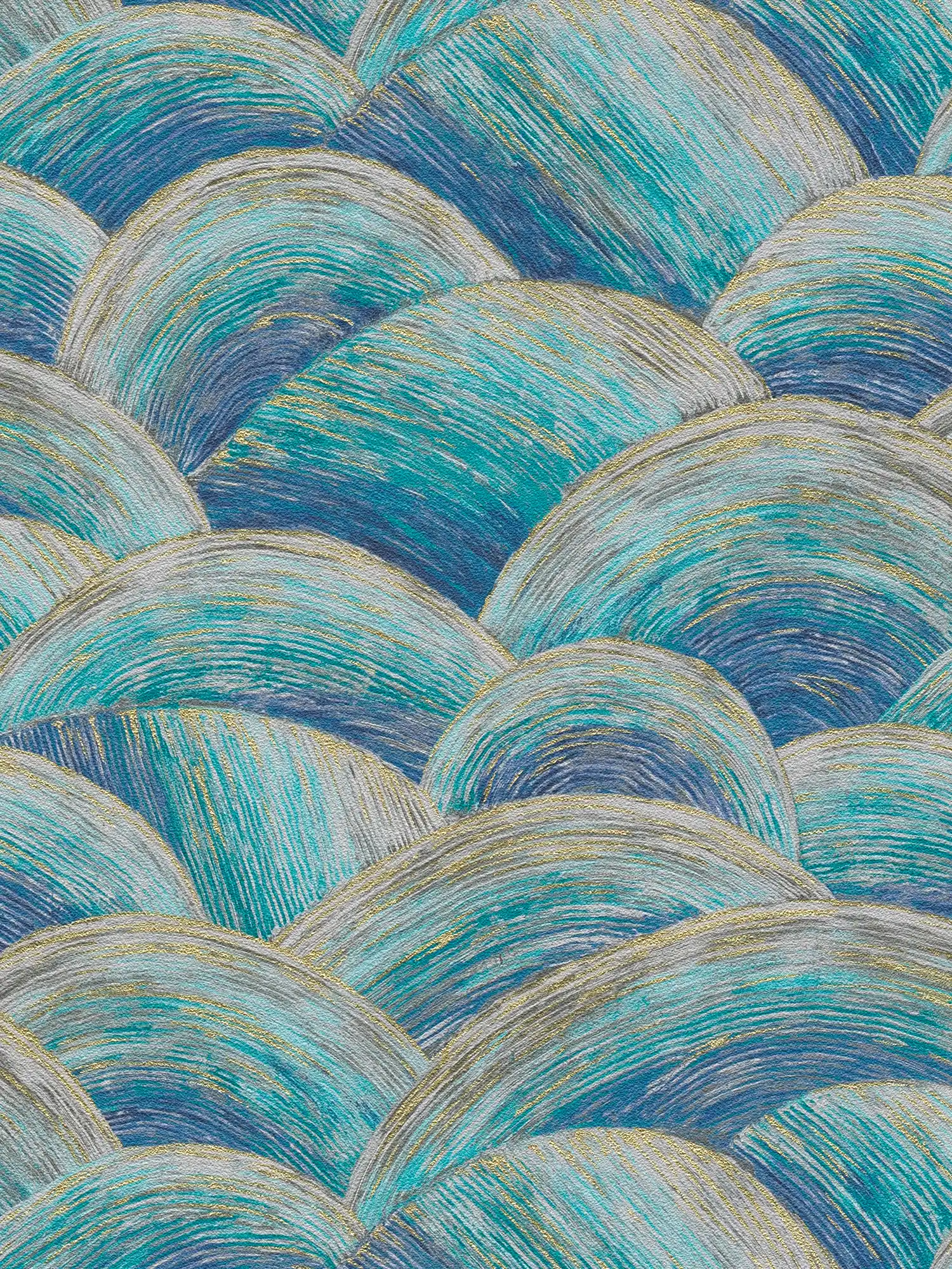 Abstrakte Vliestapete mit Wellenmuster & Glanzeffekt – Blau, Türkis, Gold

