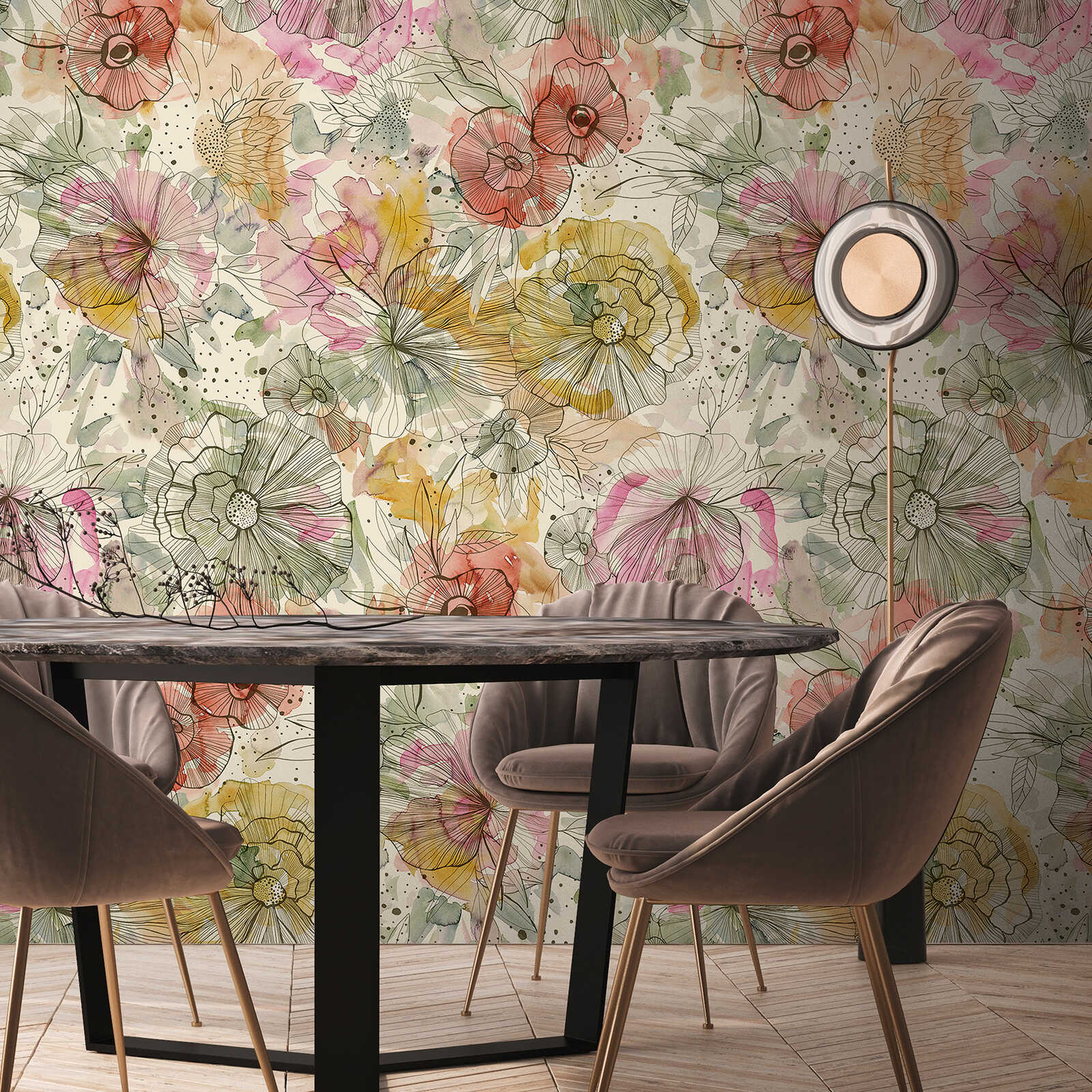         Motivtapete im XXL-Design mit Blumen und Blüten im Aquarellstil – Beige, Orange, Pink
    