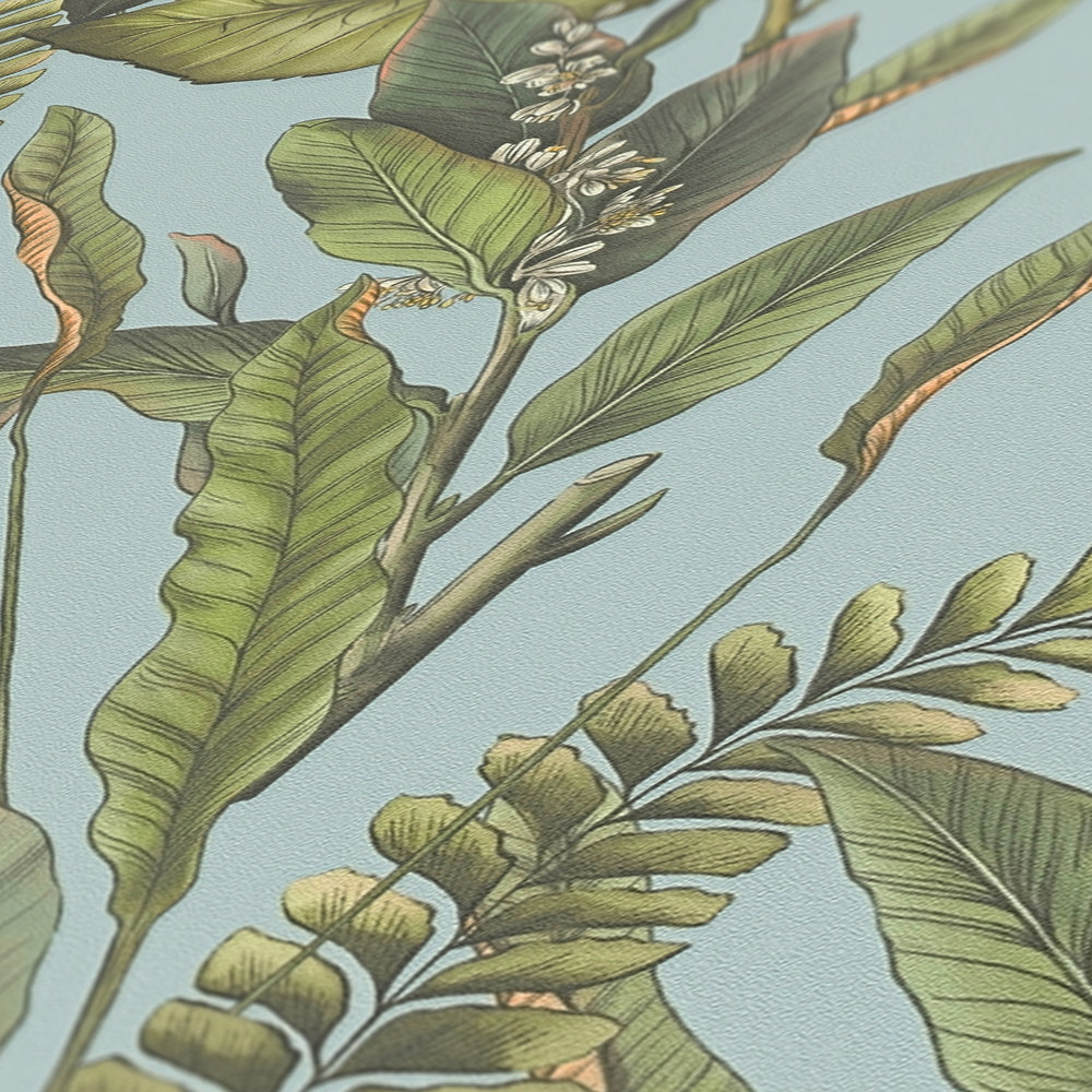             Florale Tapete im Dschungel Stil mit Blättern & Blüten strukturiert matt – Blau, Grün, Orange
        
