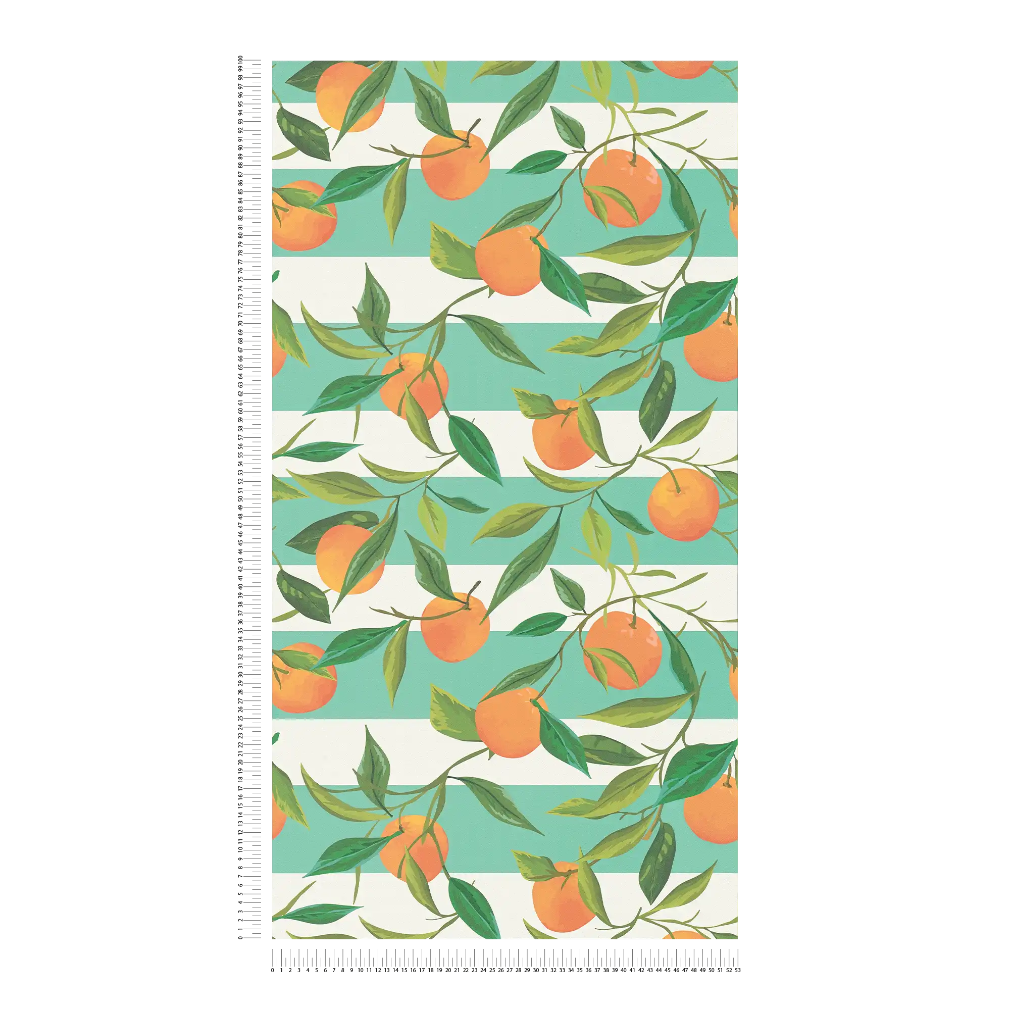             Gestreifte Vliestapete mit gemalten Orangen und Blättern – türkis, orange, grün
        