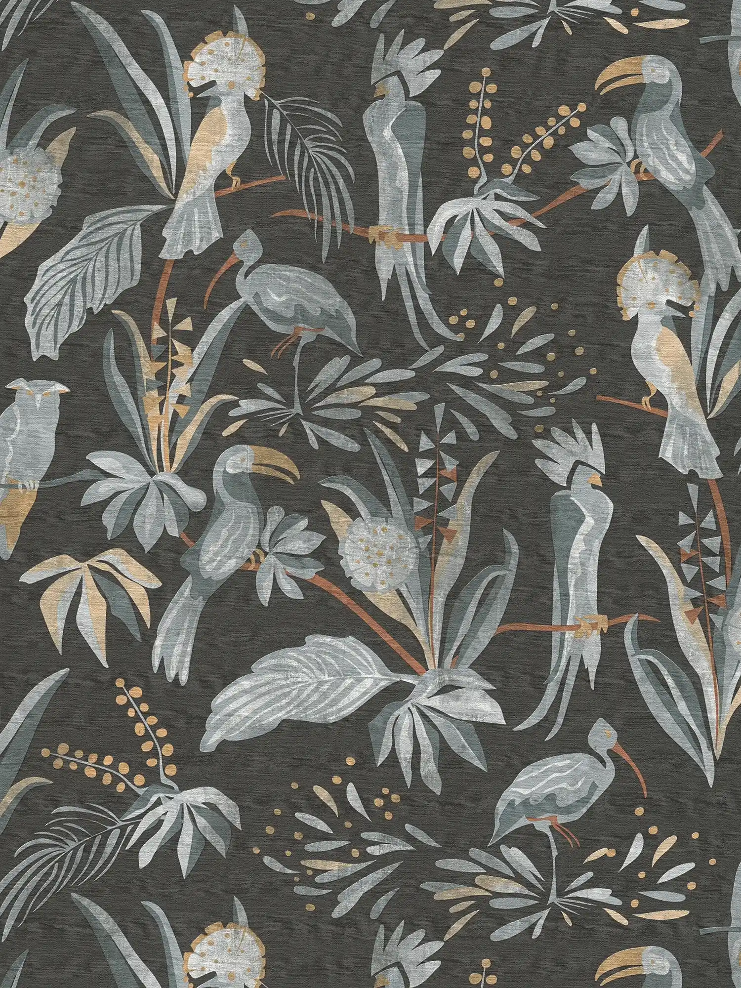 Tapete mit Dschungelpflanzen und Vögeln – Schwarz, Grau, Beige
