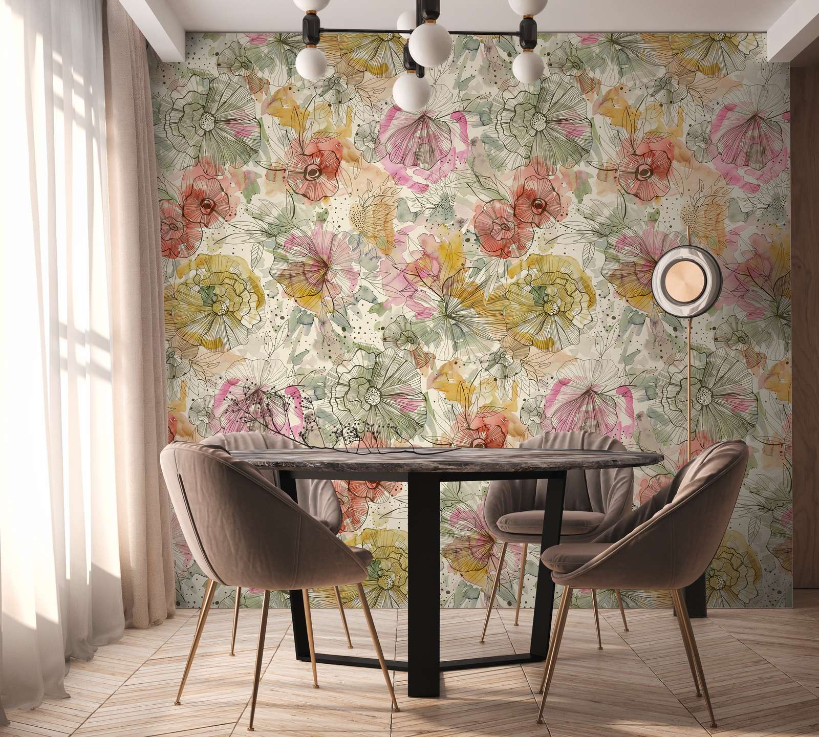             Motivtapete im XXL-Design mit Blumen und Blüten im Aquarellstil – Beige, Orange, Pink
        