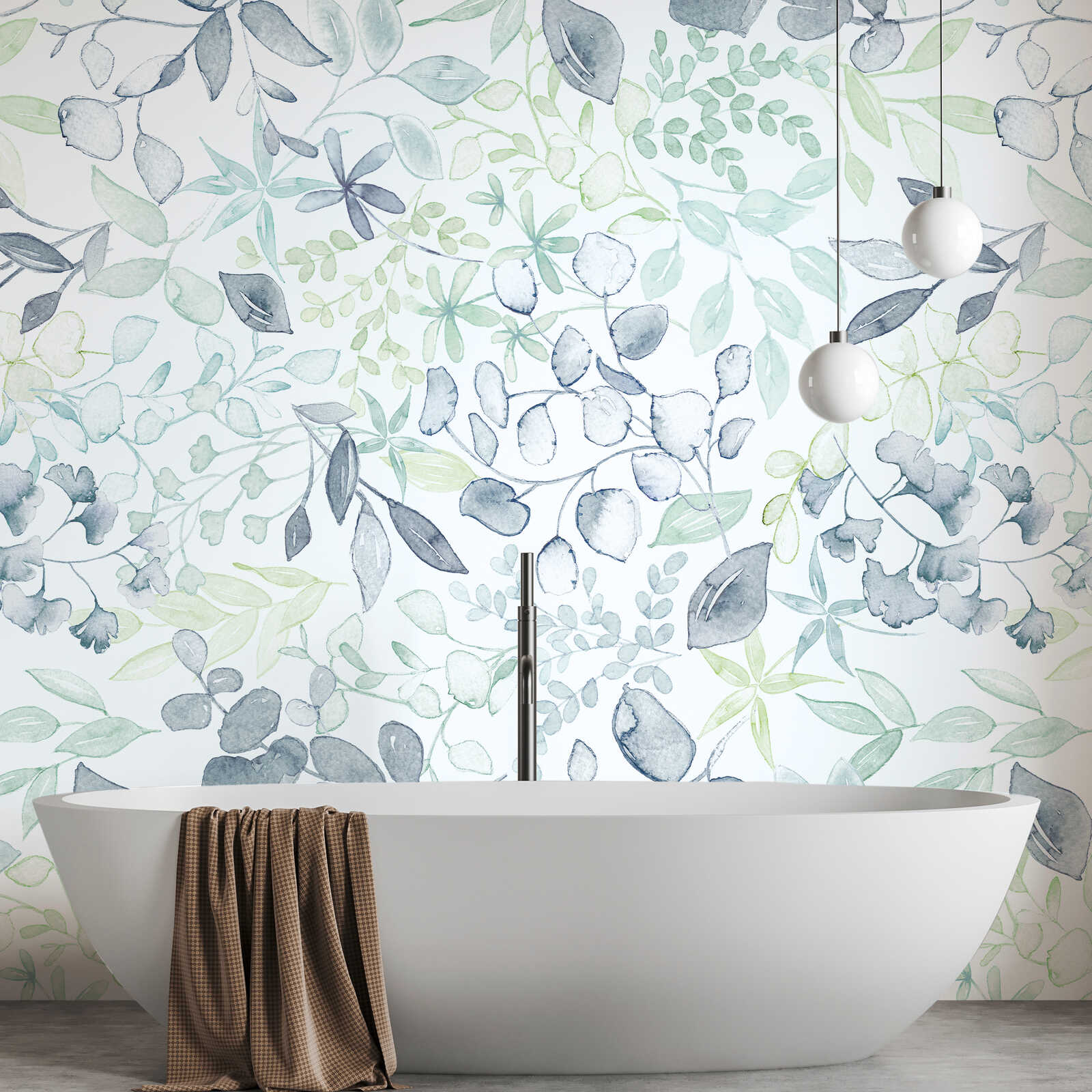         Motivtapete im XXL-Design mit Blumenmuster im Aquarellstil – Blau, Grün, Weiß
    