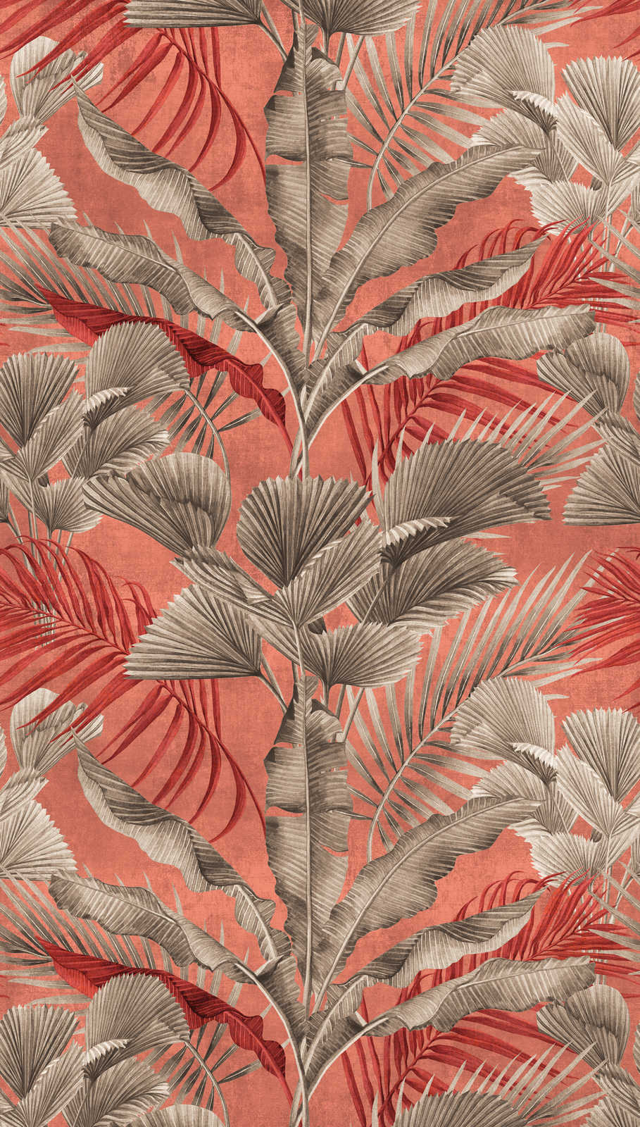             Dschungeltapete mit tropischen Pflanzen – Rosa, Rot, Grau
        