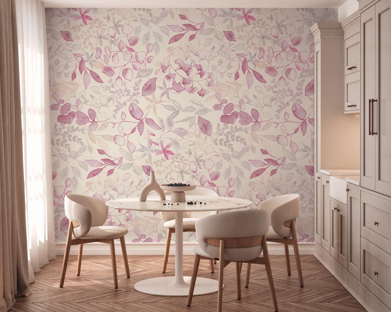             Motivtapete im XXL-Design mit Blumenmuster in Aquarelloptik – Rosa, Grau, Weiß
        