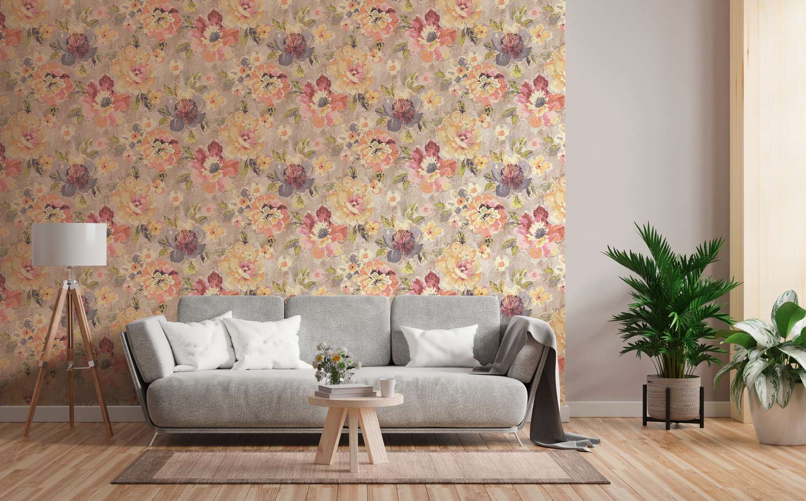             Blumen-Vliestapete im Aquarell- und Vintagelook – Bunt, Grau, Pink
        
