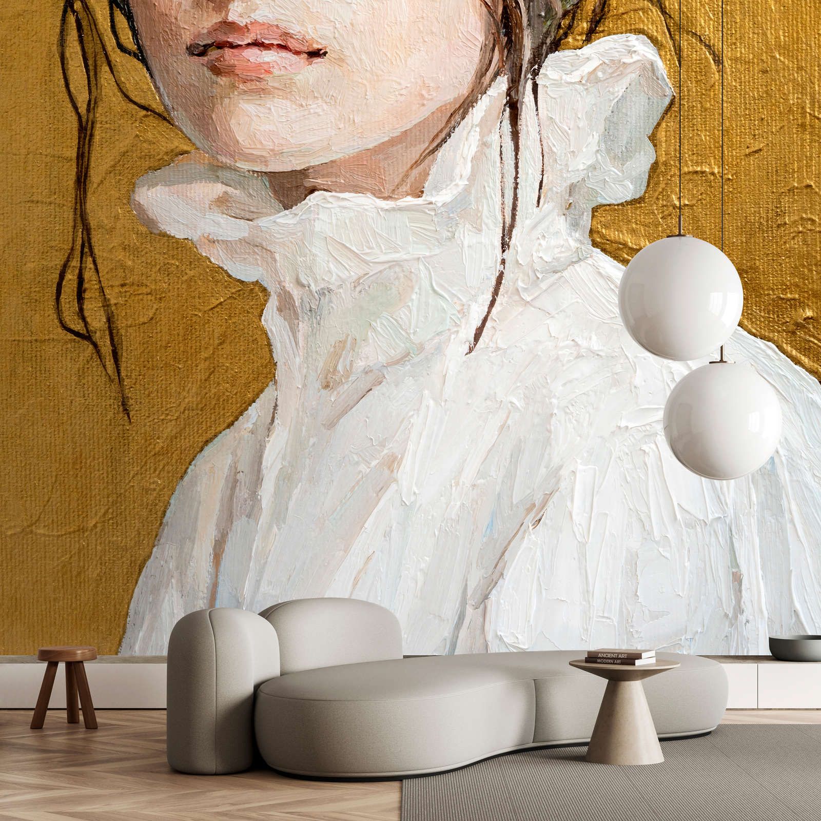             Fototapete »golda« - Teilportrait einer Frau – Kunstwerk mit Leinenstruktur | Glattes, leicht glänzendes Premiumvlies
        
