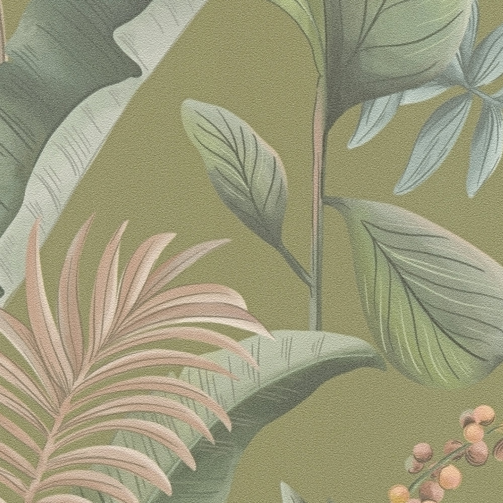             Dschungeltapete floral mit Blättern matt strukturiert – Grün, Beige, Orange
        