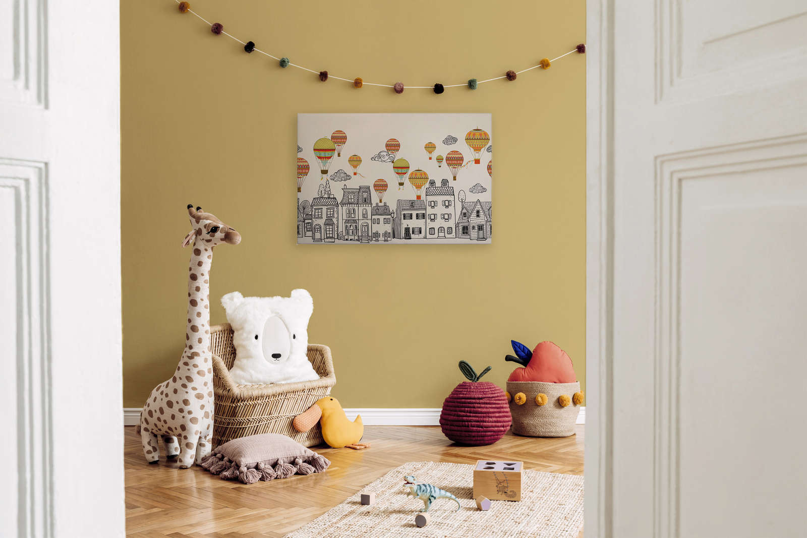             Leinwand Kleinstadt mit Heißluftballoons – 90 cm x 60 cm
        